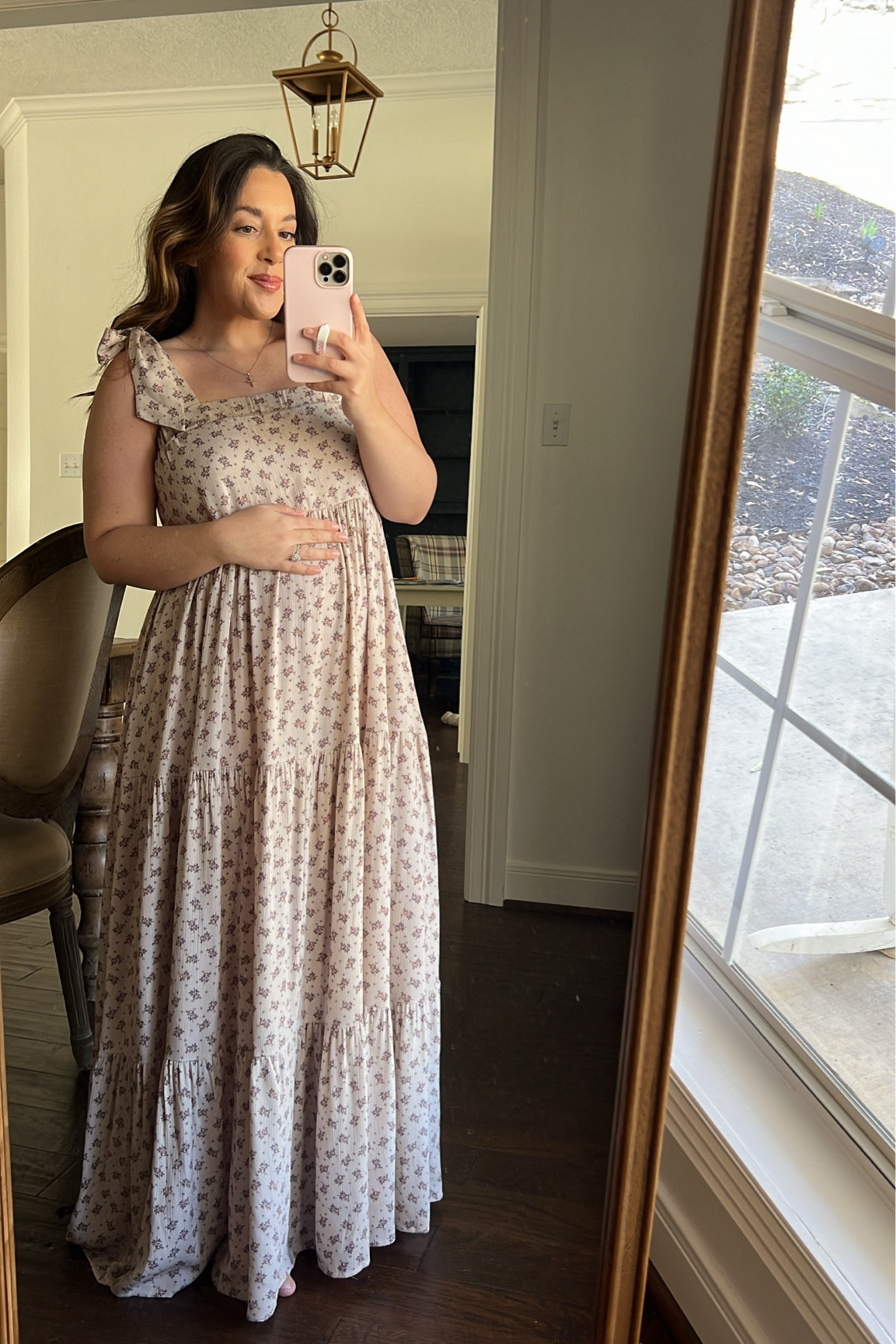 chinese dress ladies Pink Floral Puff Sleeve Maternity Maxi Dress Small