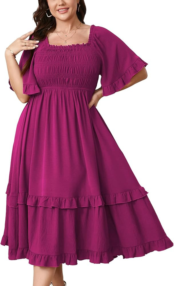 SCOMCHIC Women's Plus Size Maxi Dresses Summer Short Sleeve Square Neck Smocked Wedding Guest Coc... | Amazon (US)