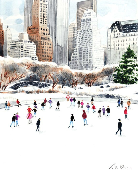 Central Park Ice Skating Art Print Watercolor Painting Wall | Etsy | Etsy (US)