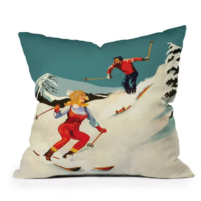 16"x16" The Whiskey Ginger Retro Skiing Couple Square Throw Pillow Blue - Deny Designs | Target