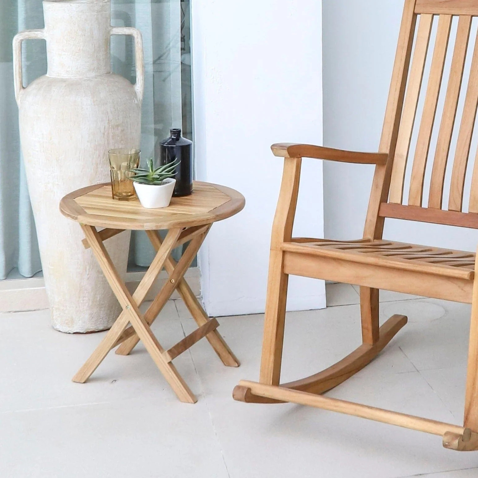 Ruger Natural Teak Outdoor Round Folding Side Table - 20 | The Porch Swing Company