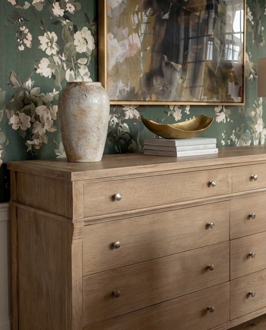 Shop the Look:
• Deep green floral wallpaper
• Marble-top dining table with fluted wood base
• Curved boucle dining chairs with brass base detail
• Light oak 6-drawer sideboard
• Matte white ceramic table lamp
• Oversized floral art in a brass frame
• Textured stone + ivory ceramic vases
• Sculptural brass decorative bowl
• Modern brass + globe chandelier
• Green vintage-style rug with cream + sage tones

#LTKHome #LTKSaleAlert #LTKFindsUnder100