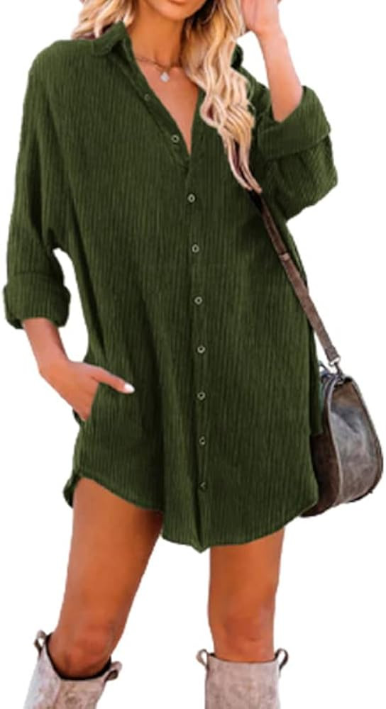 Dokotoo Women's Corduroy Long Sleeve Button Down Shirts Tunic Dresses with Pockets | Amazon (US)