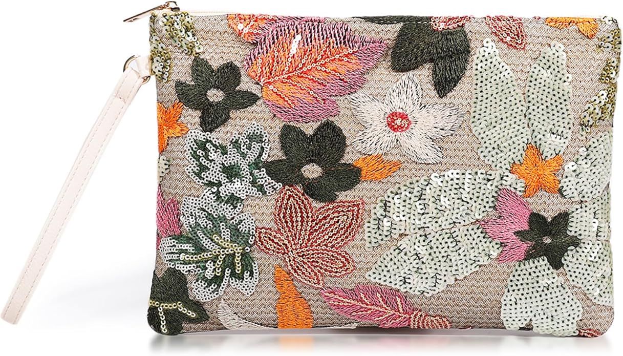 Clutch Purses for Women, Straw Bag, Bohemian Handmade Sequin Embroidered Flowers Envelope Package... | Amazon (US)