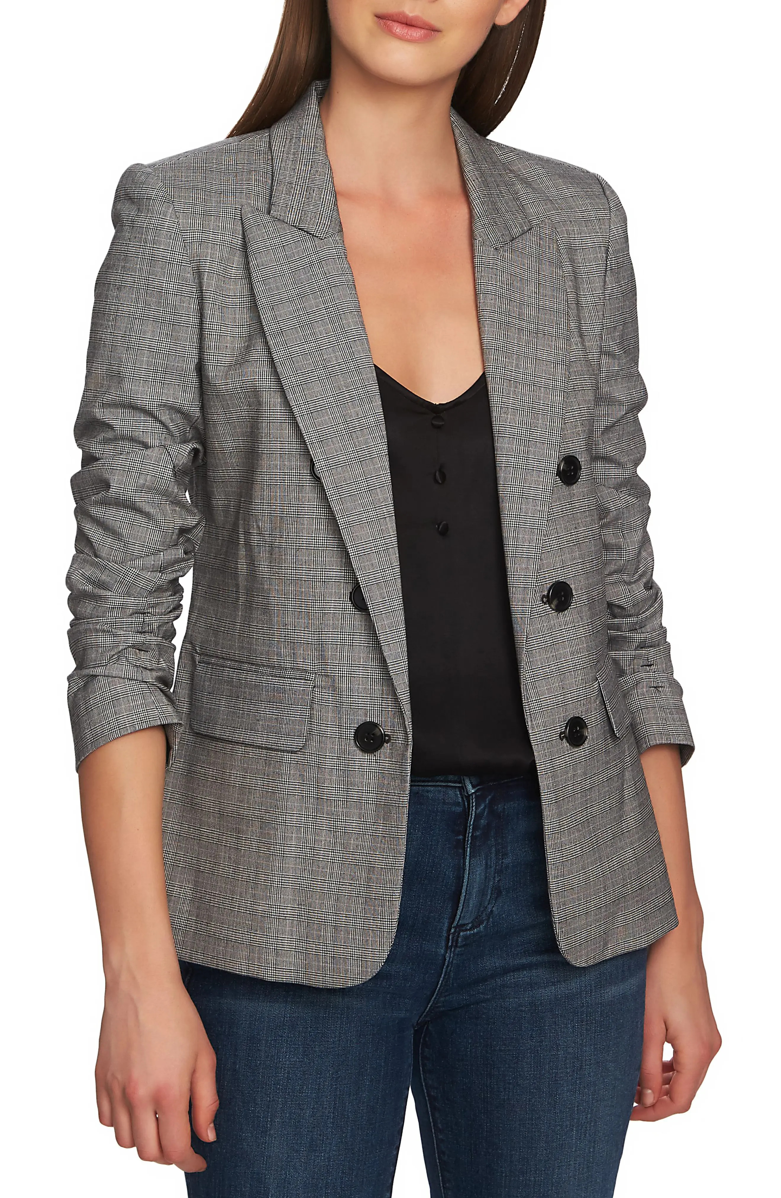 1.STATE Ruched Sleeve Glen Plaid Blazer | Nordstrom