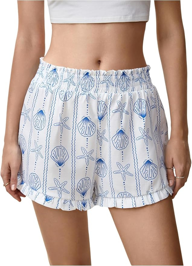 MakeMeChic Women's Gingham Ruffle Lounge Shorts Elastic High Waist Pajamas Boxer Shorts | Amazon (US)