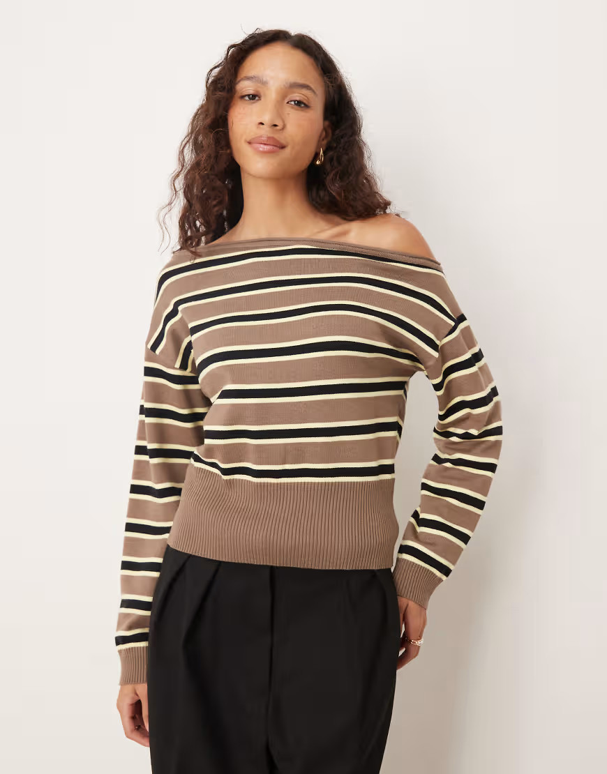 Motel Jalira Asym off shoulder stripe jumper in brown yellow-Multi | ASOS (Global)