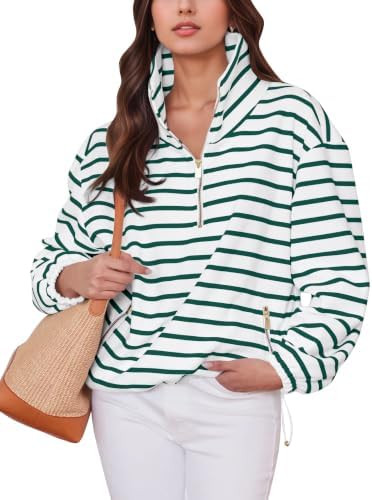 OLAPTA Women Striped Half Zip Up Stand Collar Sweatshirt Stripes Quarter Zipper Long Sleeve Overs... | Amazon (US)