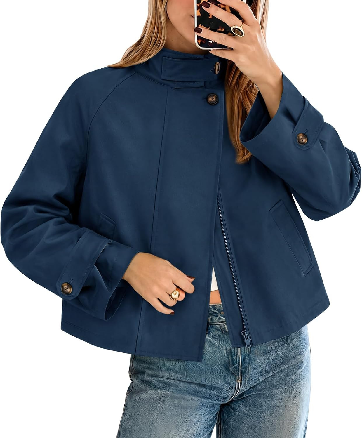 Women Cropped Trench Coat Fall Winter Funnel Neck Jacket | Amazon (US)