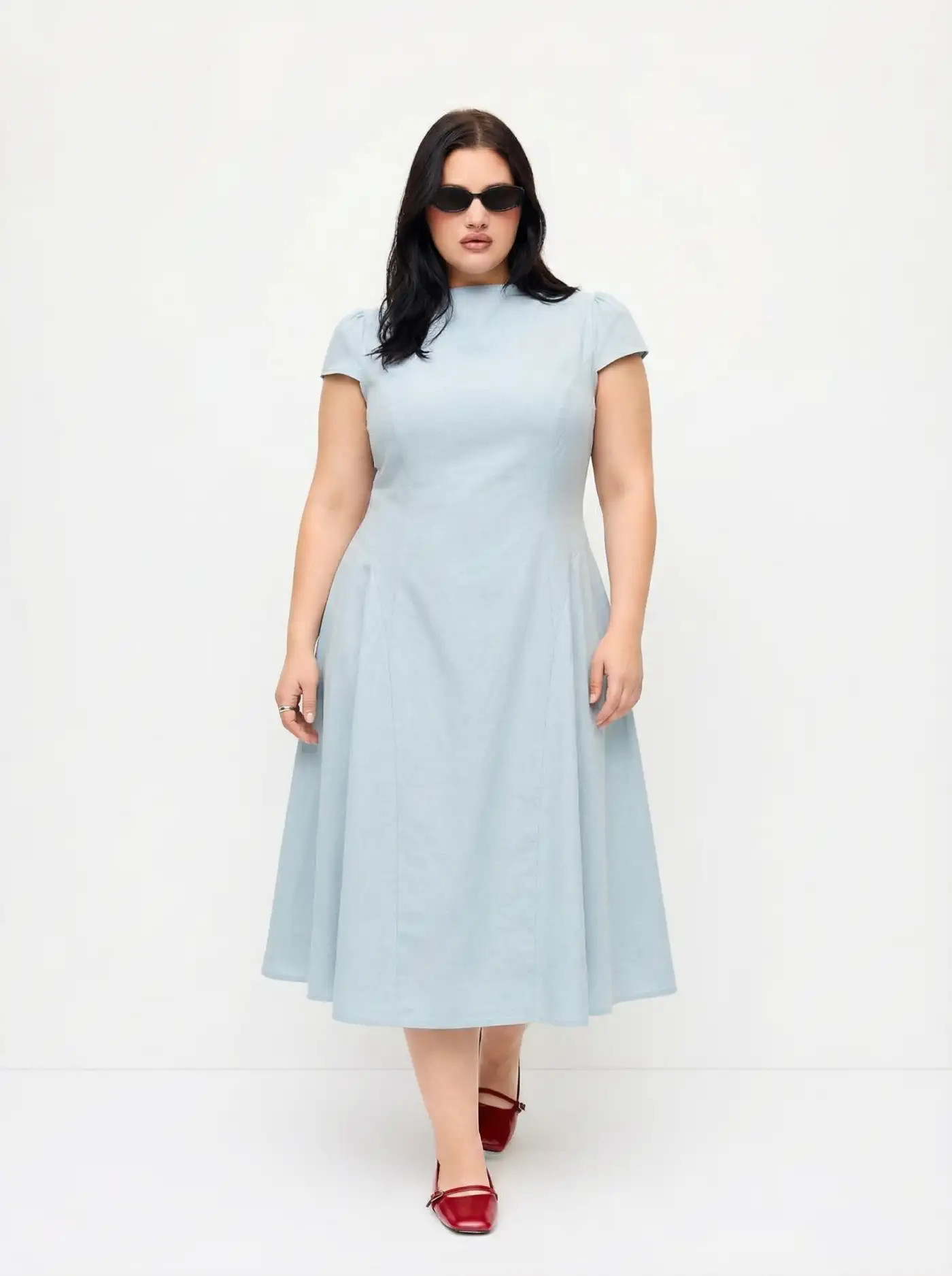 Woven Stretchy Stand Collar Ruffle Midi Dress Curve & Plus For Daily Casual Work | Cider