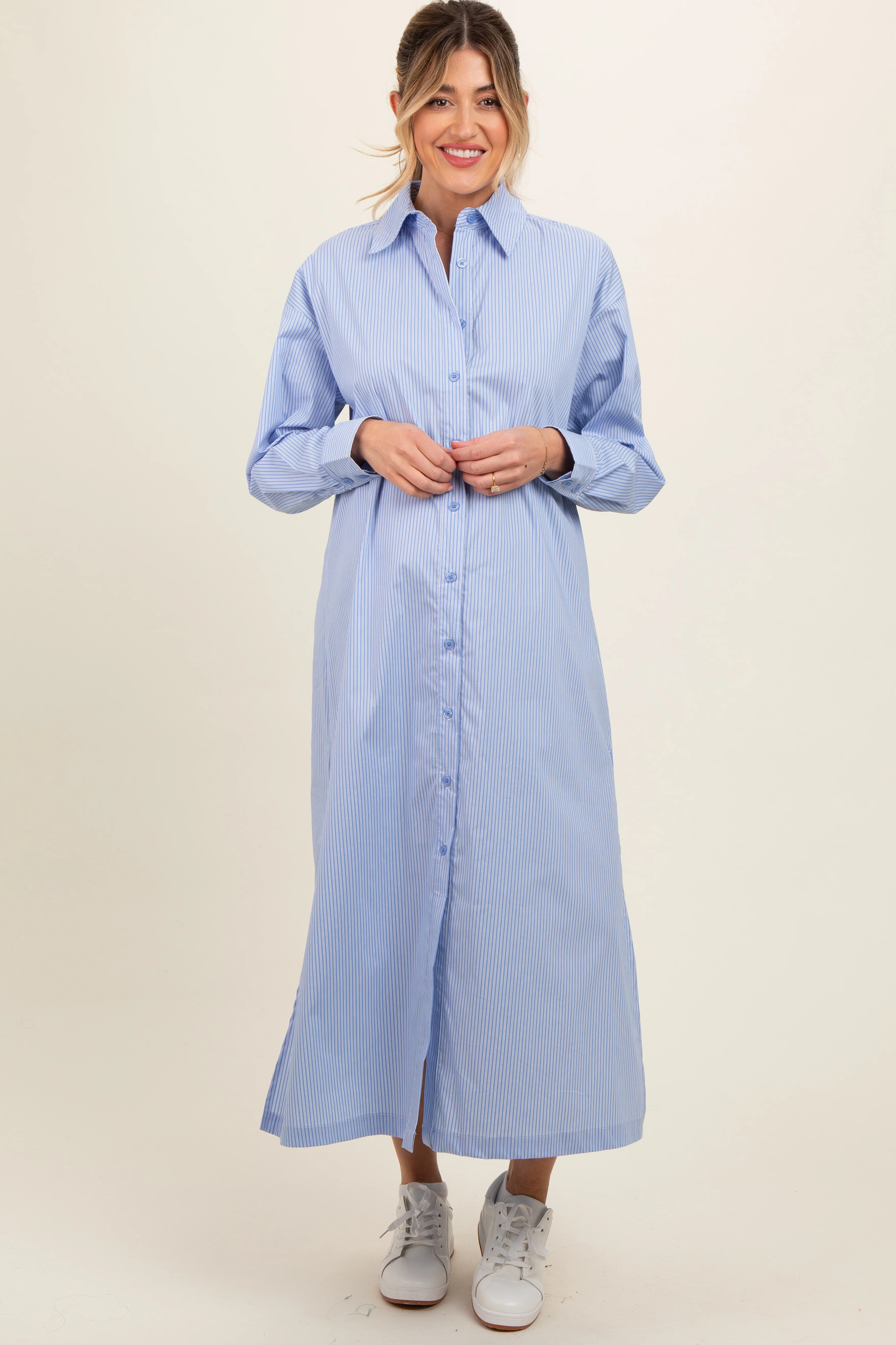 Blue Pinstriped Button Front Side Slit Maternity Midi Shirt Dress | PinkBlush Maternity