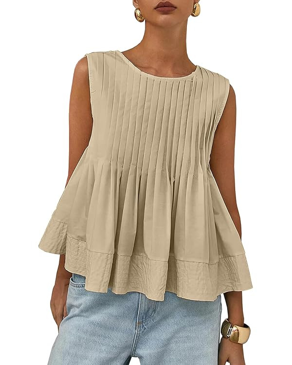 Womens Summer Pleated Peplum Sleeveless Blouse Tank Tops Crew Neck Babydoll Blouse Y2K Round Shir... | Amazon (US)