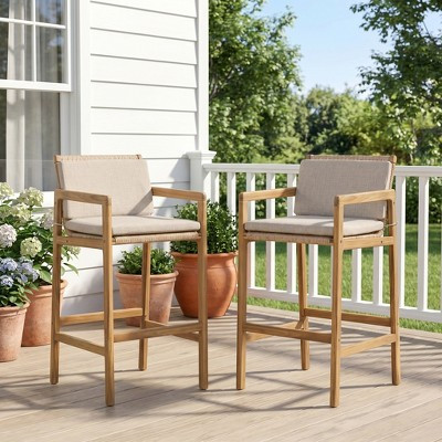 ModernLuxe Set of 2 Outdoor Bar Stools, Acacia Wood Patio Bar Chairs, Teak Finish with Wicker Back & Beige Olefin Cushions | Target