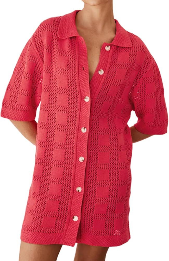 Kedera Women's Crochet Dress Button Up Cover Ups Knitted Hollow Shirt Dress Short Sleeve Summer C... | Amazon (US)