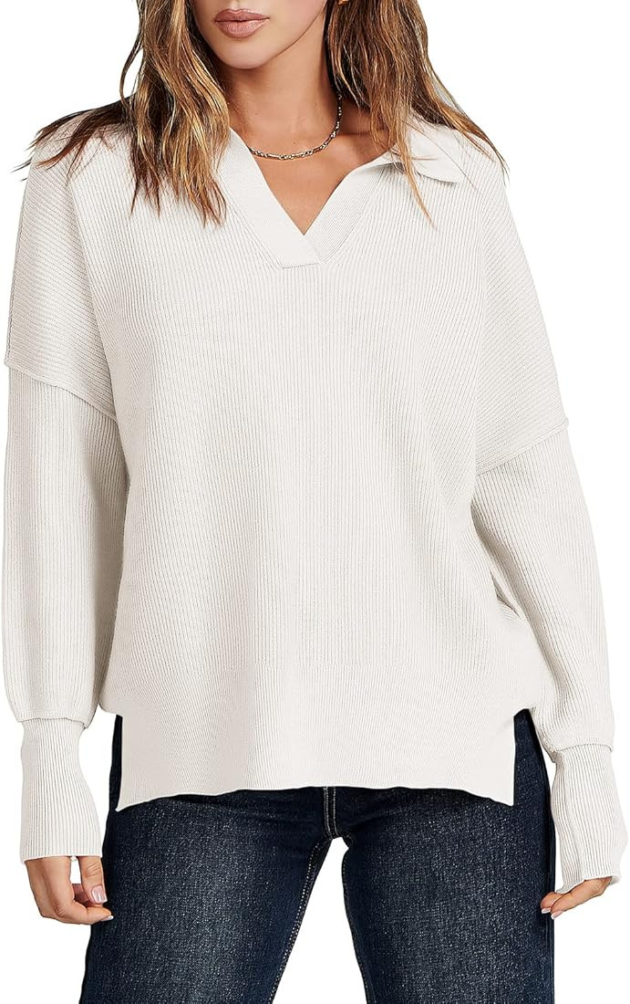 ANRABESS Women's 2022 Fall Batwing Long Sleeve V Neck Overiszed Pullover Sweaters Foldover Collared  | Amazon (US)