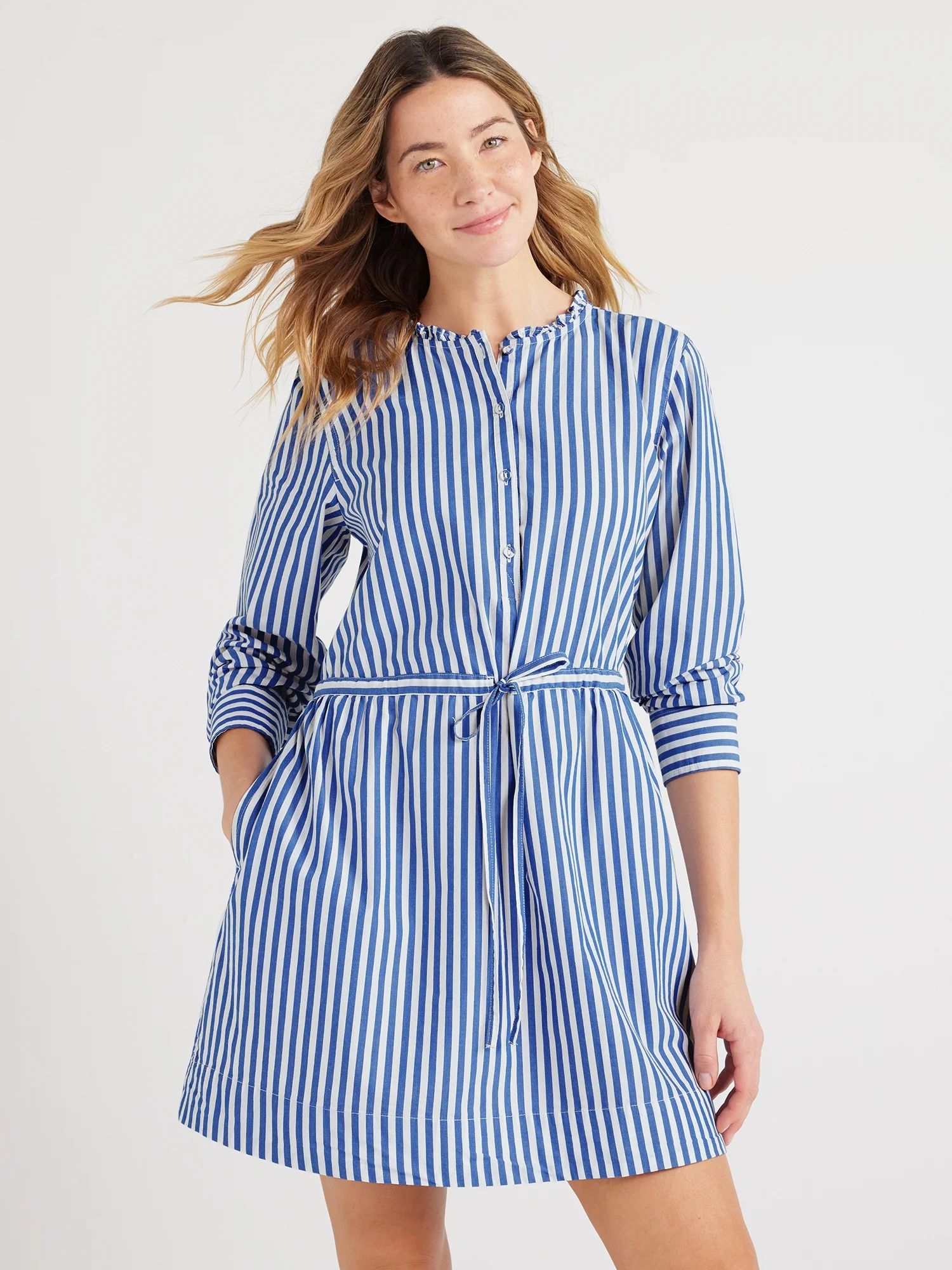 Free Assembly Women’s Striped Ruffle Neck Mini Dress, Sizes XS-XXL | Walmart (US)