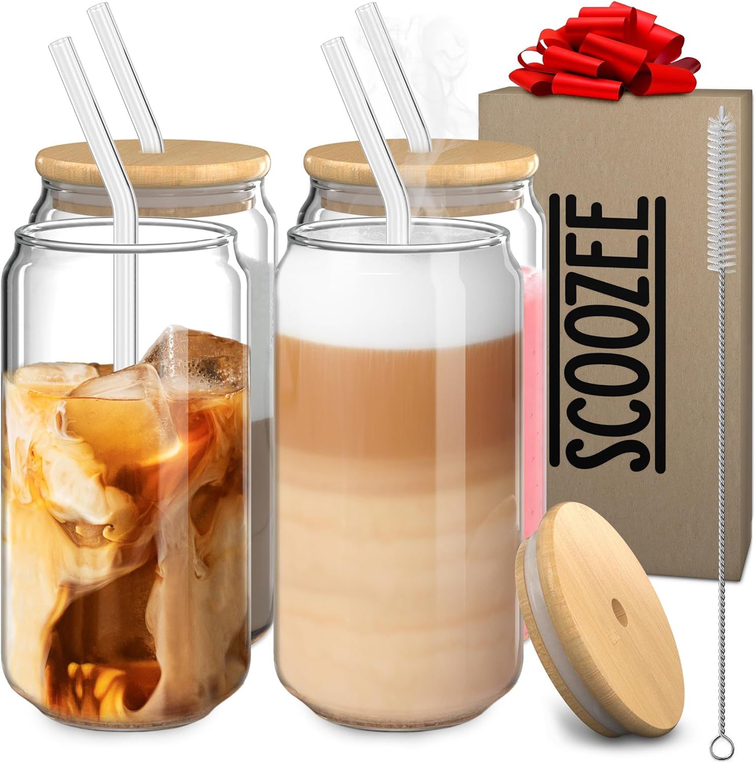 Glass Cups with Lids and Straws (18oz, Set of 4) Iced Coffee Cup, Ice Coffee Bar Accessories | Ae... | Amazon (US)