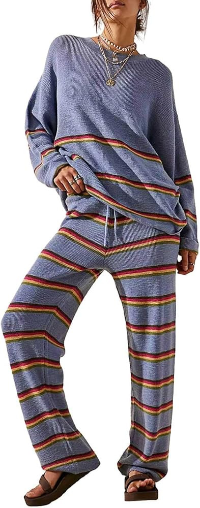 MYBFYABO 2 Piece Knit Sets for Women, Y2k Stripe Print Loose Pullover Sweater +Elastic Pants Set ... | Amazon (US)