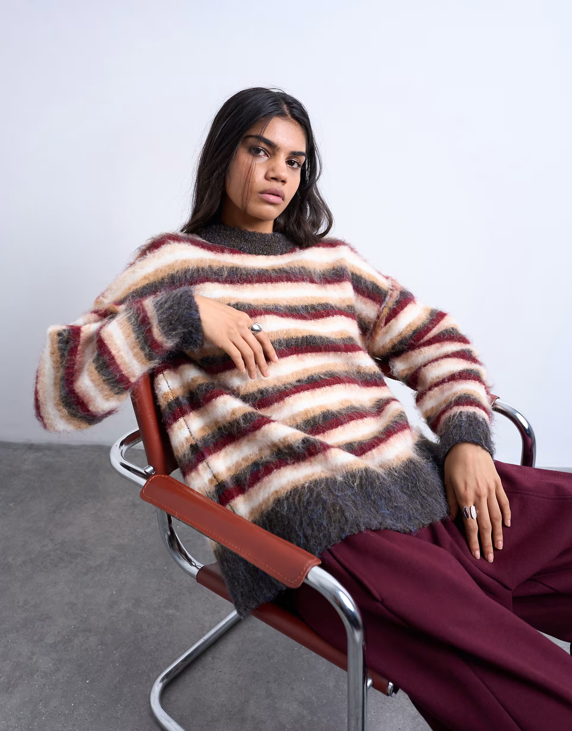 Topshop knit fluffy striped sweater in neutral and burgundy | ASOS (Global)