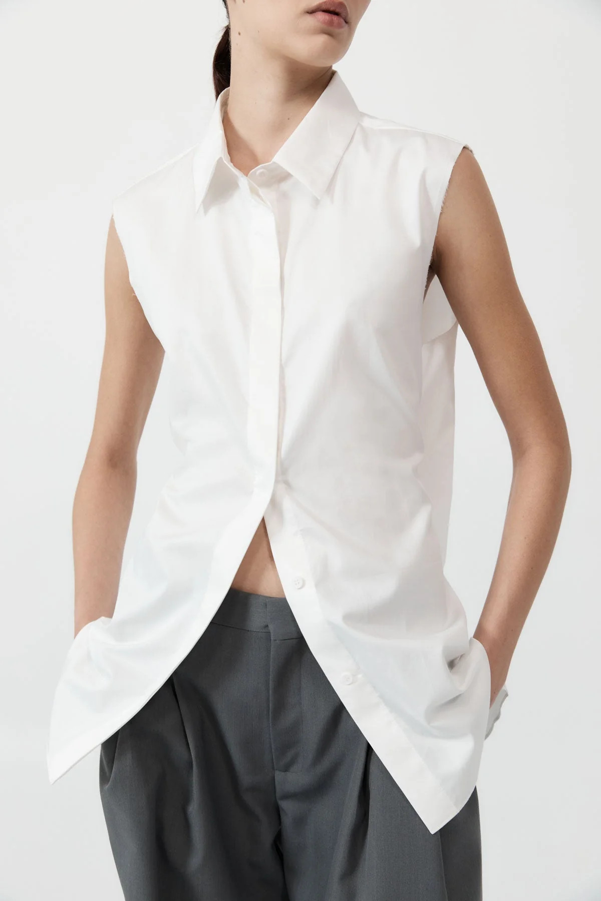 Cotton Belted Sleeveless Shirt - White | St. Agni (US, UK, EU)