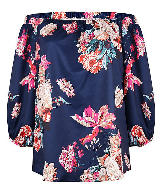 Gaovot Women's Blouses navy - Navy Blue & Pink Floral Off-Shoulder Top - Women | Zulily