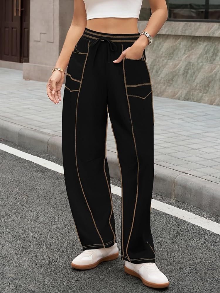 Aoysky Womens Baggy Wide Leg Pants Barrel Casual Drawstring Elastic Waist Contrast Stitch Workout... | Amazon (US)