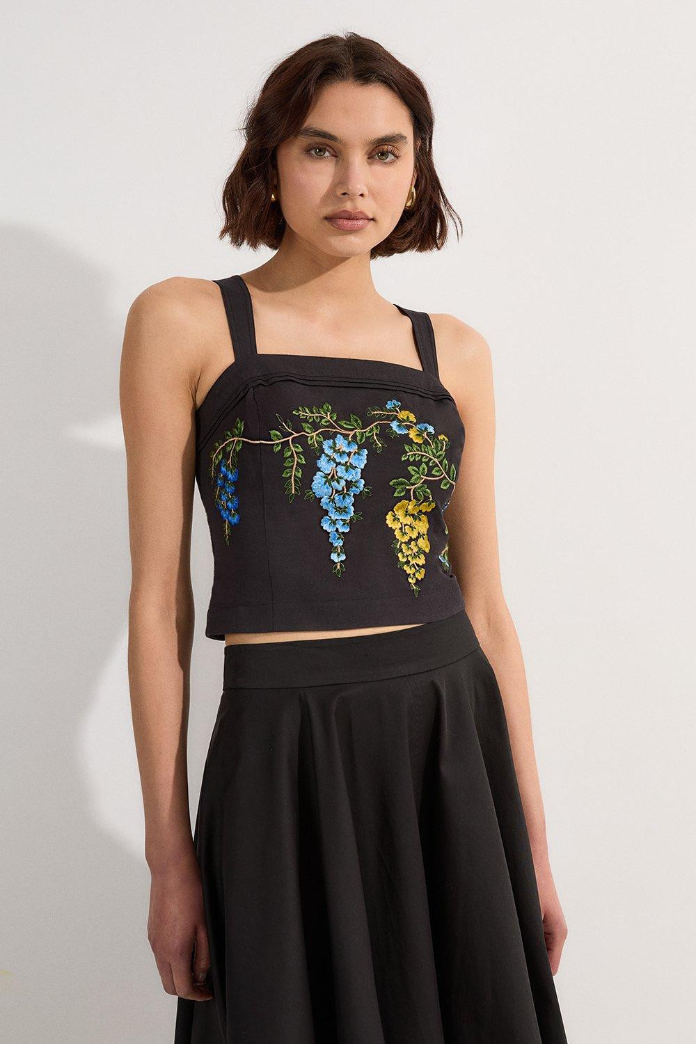 Floral Embroidered Woven Strappy Top | Karen Millen UK + IE + DE + NL