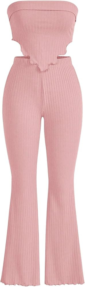 GORGLITTER Women's 2 Piece Ribbed Knit Tube Top Set Asymmetrical Bandeau and Wide Leg Flare Pant ... | Amazon (CA)