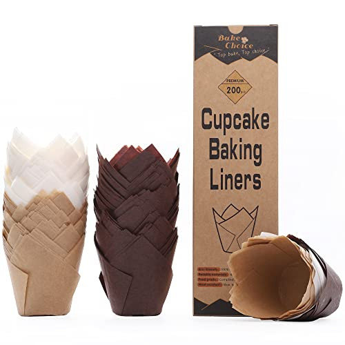 Bake Choice Nordic Paper 200pcs Tulip Cupcake Liners for Baking Cups EU Parchment paper Standard Size Tulip Muffin Liners, Cupcake Wrapper, Brown, White, Unbleached Natural for Party, Christmas | Amazon (US)