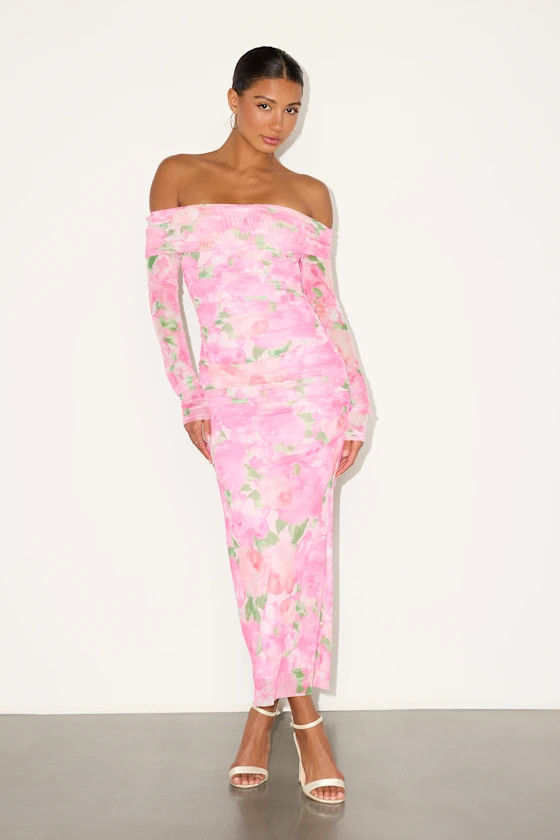Amorette Pink Floral Mesh Off-the-Shoulder Maxi Dress | Lulus