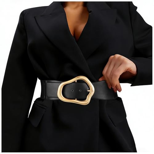 XZQTIVE Women Wide Elastic Waist Belt for Dresses Fashion Big Gold Buckle Stretchy Leather Waistband for Ladies, Black, 80cm | Amazon (US)