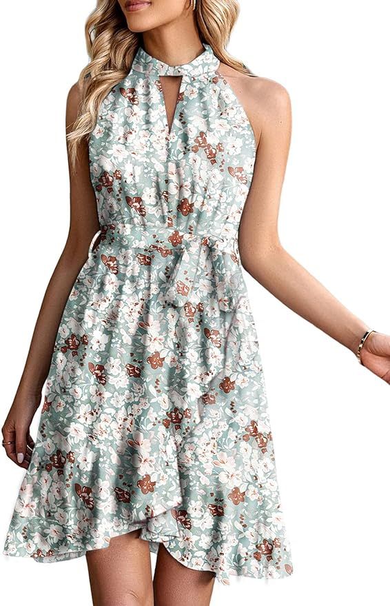 AlvaQ Summer 2024 Fashion Dress for Women Chiffon Skirt Sleeveless Halter Dresses Sun Flowy Ruffl... | Amazon (US)