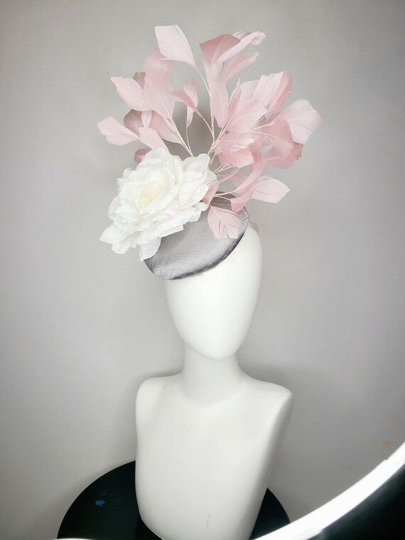 kentucky derby hat fascinator silver satin saucer large light pink feathers and white peony  rose... | Etsy (US)
