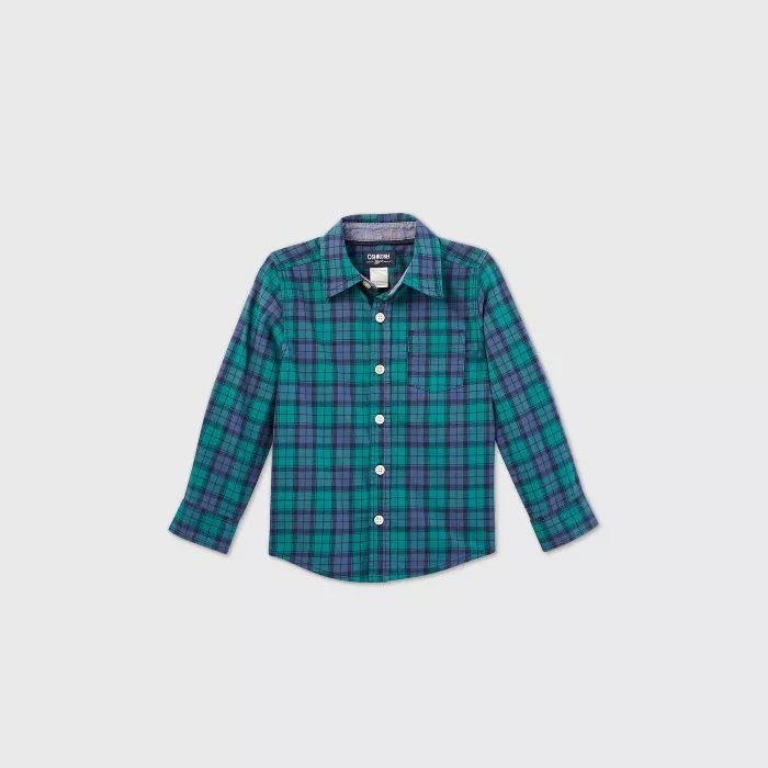 OshKosh B'gosh Toddler Boys' Plaid Woven Long Sleeve Button-Down Shirt - Green | Target
