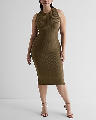 Body Contour Ribbed Crew Neck Open Back Midi Sweater Dress | Express