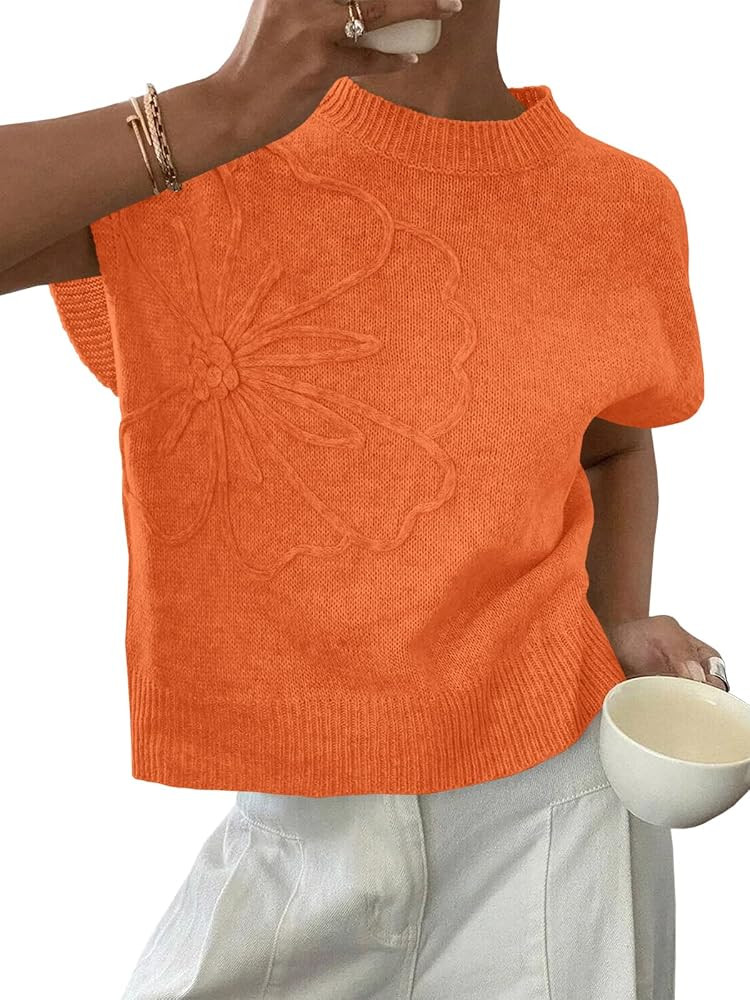 Saodimallsu Womens Short Sleeve Floral Summer Sweater Lightweight Knit Tops | Amazon (US)