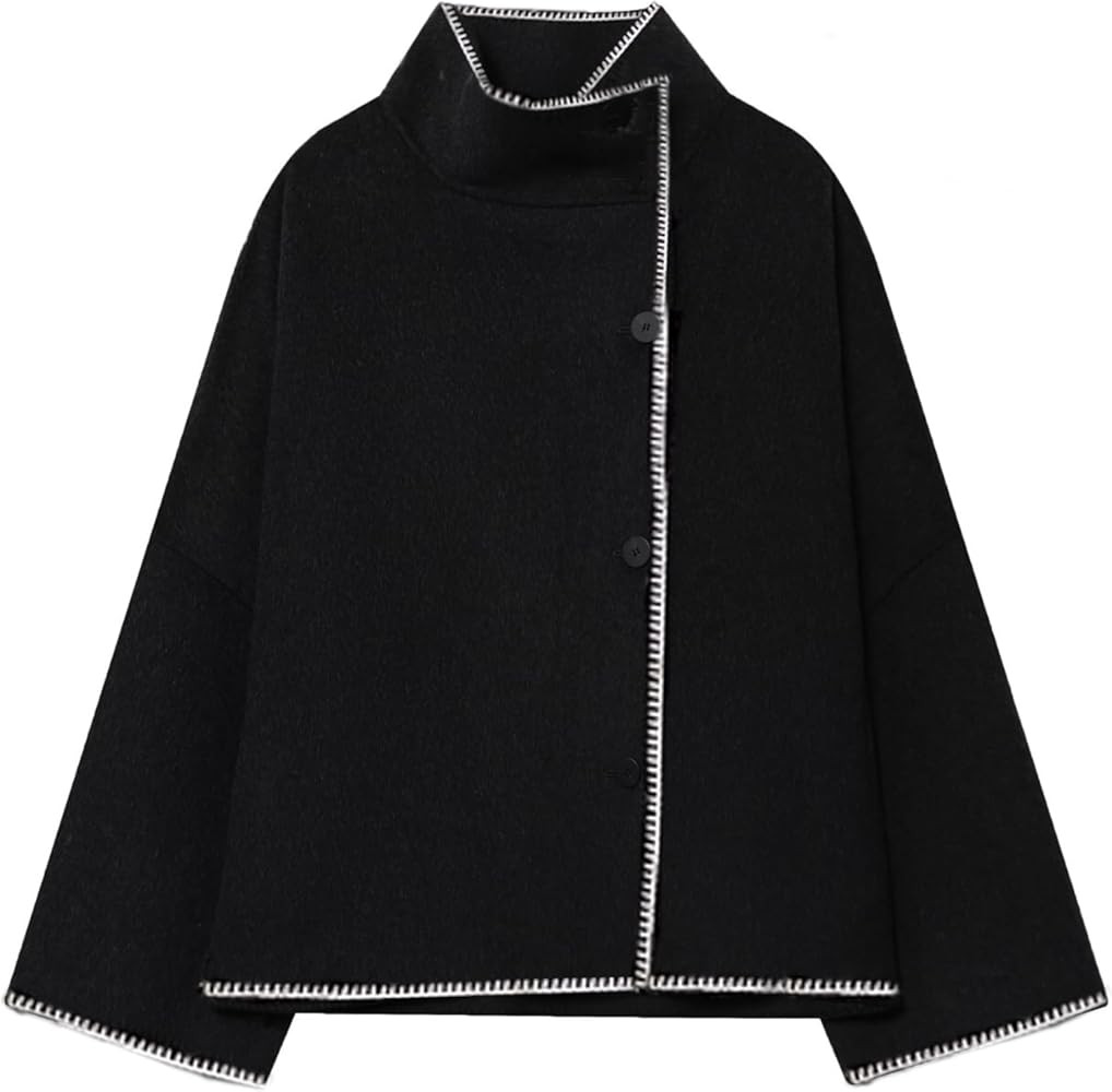 Womens Stand Collar Wool Coat Oversized Contrast Stitching Button Down Cropped Wool Blend Jacket ... | Amazon (US)