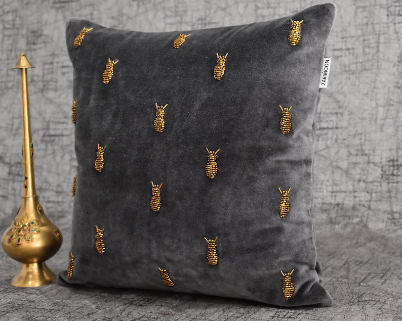 ALL SIZES Grey Gold Beaded Pillow Cover Bee Velvet Handmade Halloween Contemporary Beaded Embroid... | Etsy (US)