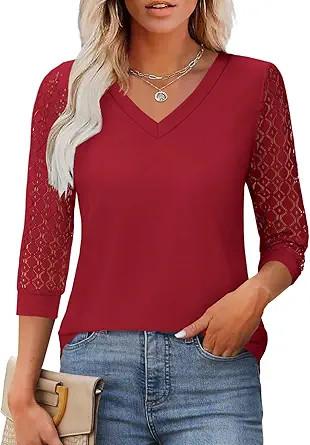 Spring Tops for Women 3/4 Sleeve V Neck Lace Blouse Dressy Casual Womens Tops S-XXL | Amazon (US)