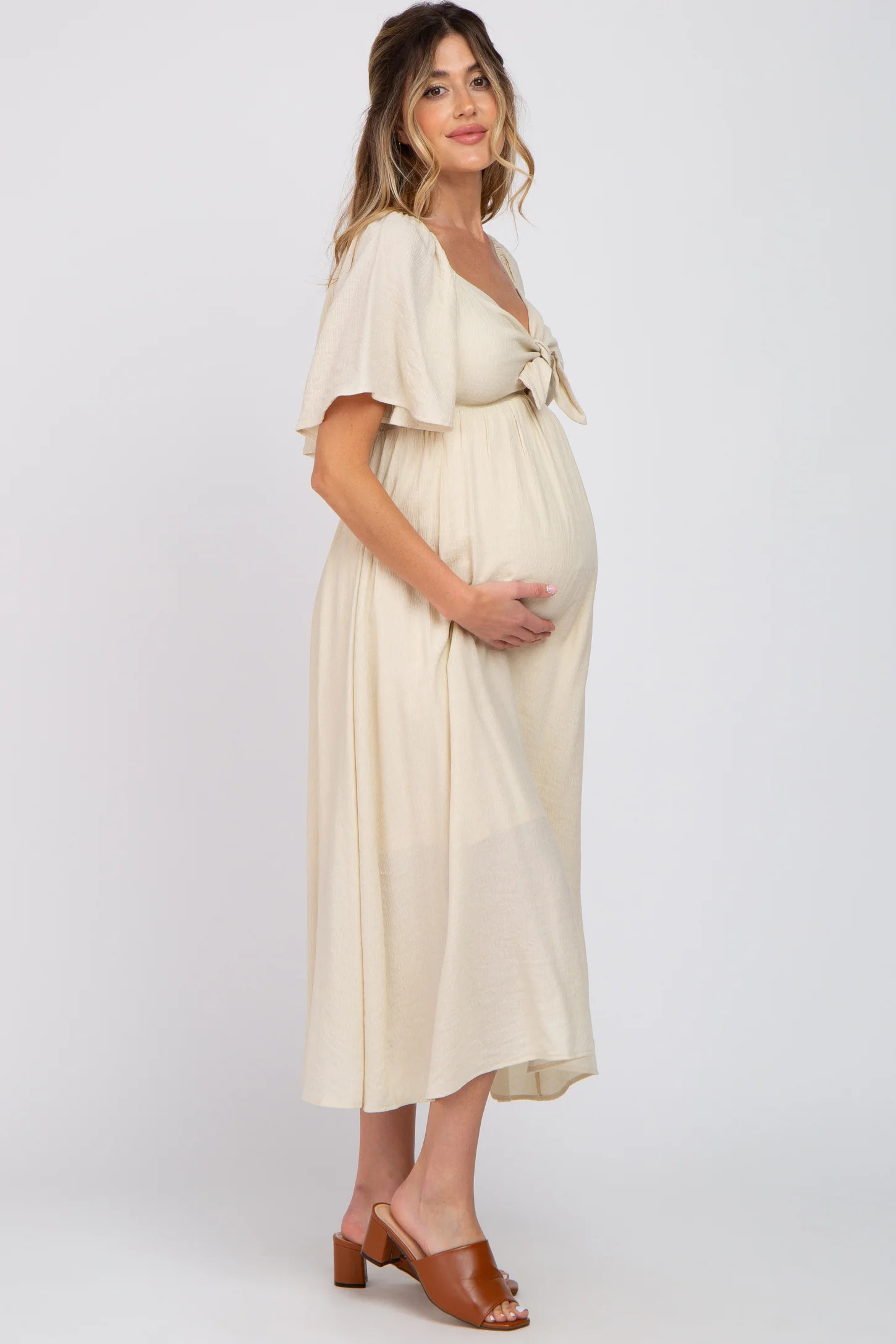 Beige Front Tie Ruffle Sleeve Maternity Midi Dress | PinkBlush Maternity