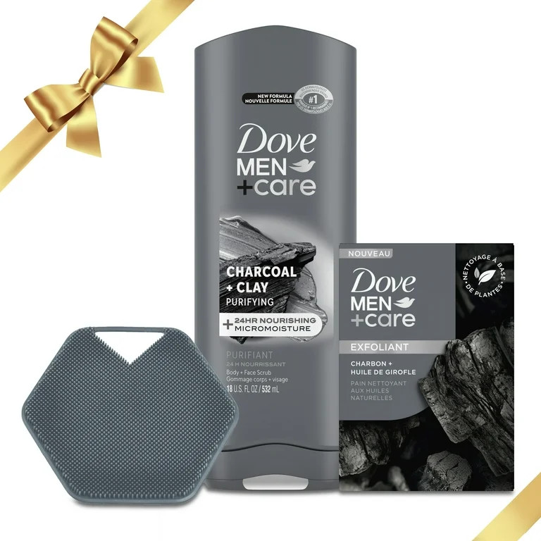 Dove Men+Care Charcoal Gift Set Body + Face Wash Exfoliating Bar Soap & Body Scrubber, 3 Count | Walmart (US)