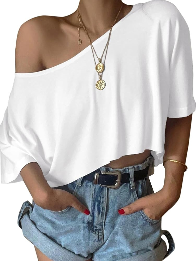 SOFIA'S CHOICE Women's Off Shoulder Crop Tops Loose Boat Neck Short Sleeve T Shirt | Amazon (US)