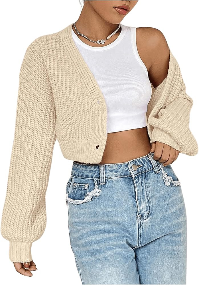 SweatyRocks Women's V Neck Cropped Cardigan Button Up Lantern Long Sleeve Sweater Outwear | Amazon (US)