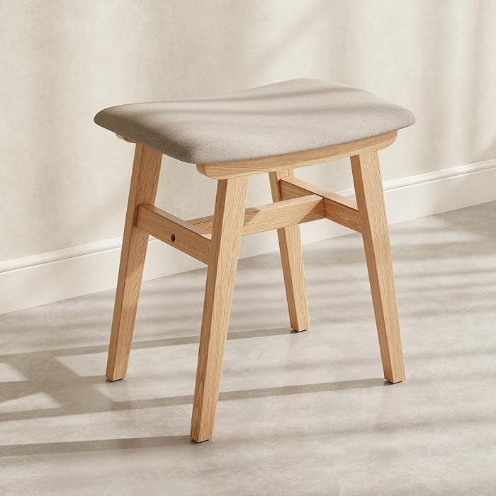 Muwuele Solid Wood Vanity Stool, Compact Makeup Chair with Saddle Cushion, Linen-Covered High Reb... | Amazon (US)