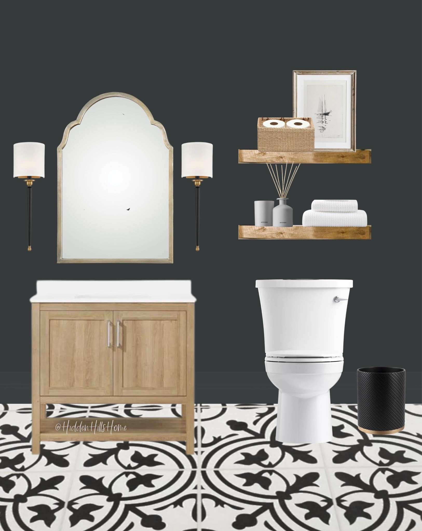 Bathroom decor, moody bathroom, home decor, powder bath mood board, bathroom vanity, bathroom shelves #bathroom #homedecor

#LTKHome #LTKSaleAlert #LTKSeasonal