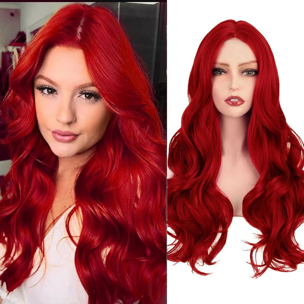 Red Wig for Women Long Wavy Wigs Middle Part Curly Wavy Wig Natural Looking Synthetic Heat Resist... | Amazon (US)