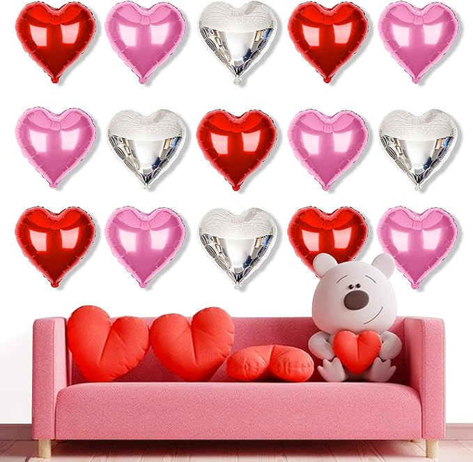 Upgraded Pink Silver and Red Balloons - Pack of 15 - Heart Shaped Foil Balloons for Valentines Da... | Amazon (US)