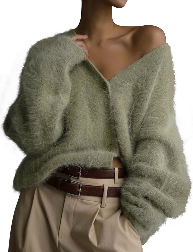 COZYPOIN Womens Fuzzy Cardigan Sweater V Neck Long Sleeve Button Down Soft Furry Top Slouchy Drop... | Amazon (US)