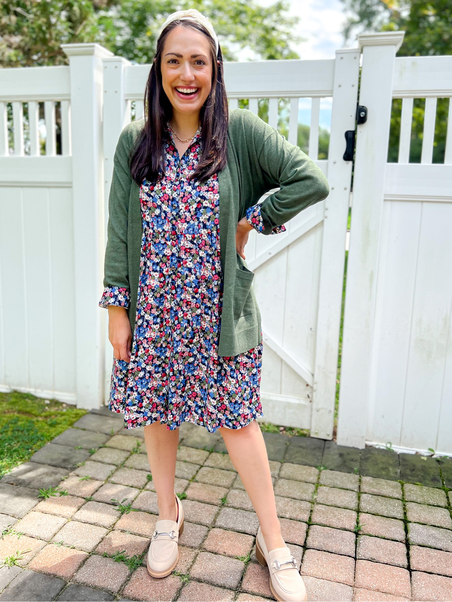 Teacher outfit ideas, time and tru cardigan, floral shirtdress, heeled loafers, workwear 

S cardigan 
S dress 
Size up half in heels

#LTKstyletip #LTKshoecrush #LTKBacktoSchool