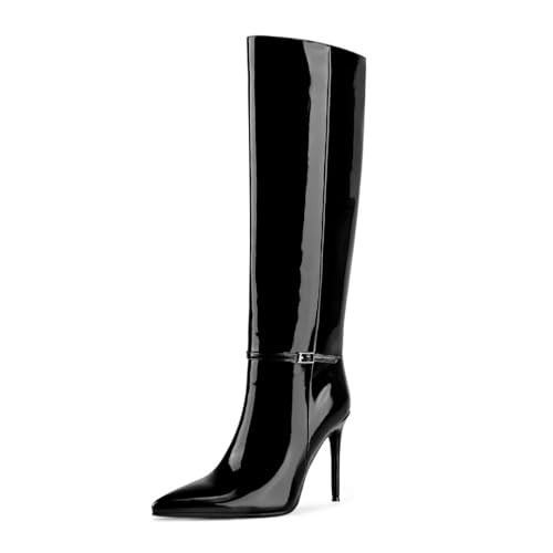 wetkiss Black Womens Knee High boots, Ankle Strap Pointed Toe Tall Stiletto High Heel Boots for Women Party Gifts Dress（Dazzling Black-07） | Amazon (US)
